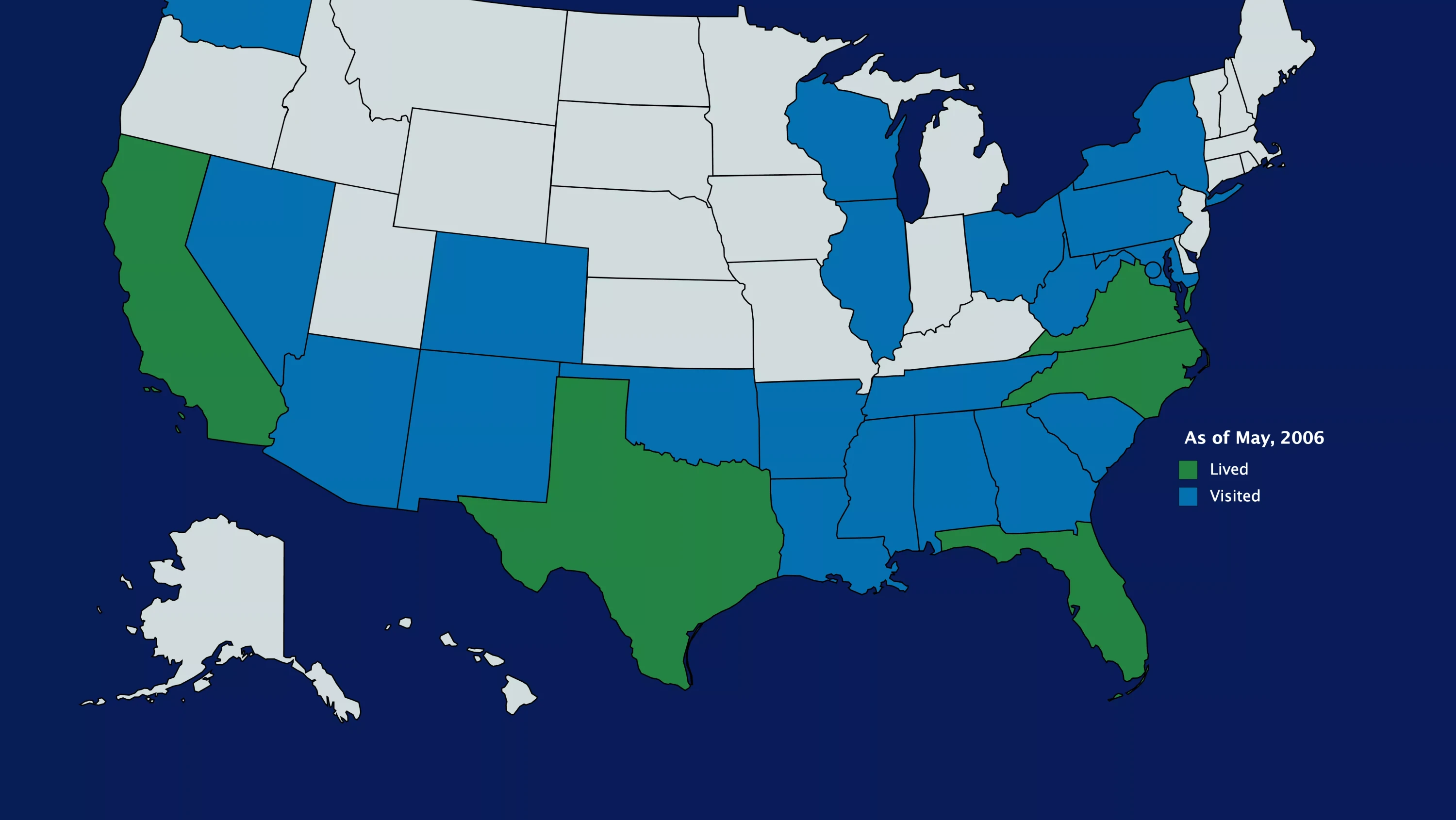 Updating my map of where I've been Map of where Nick has been as of May, 2006