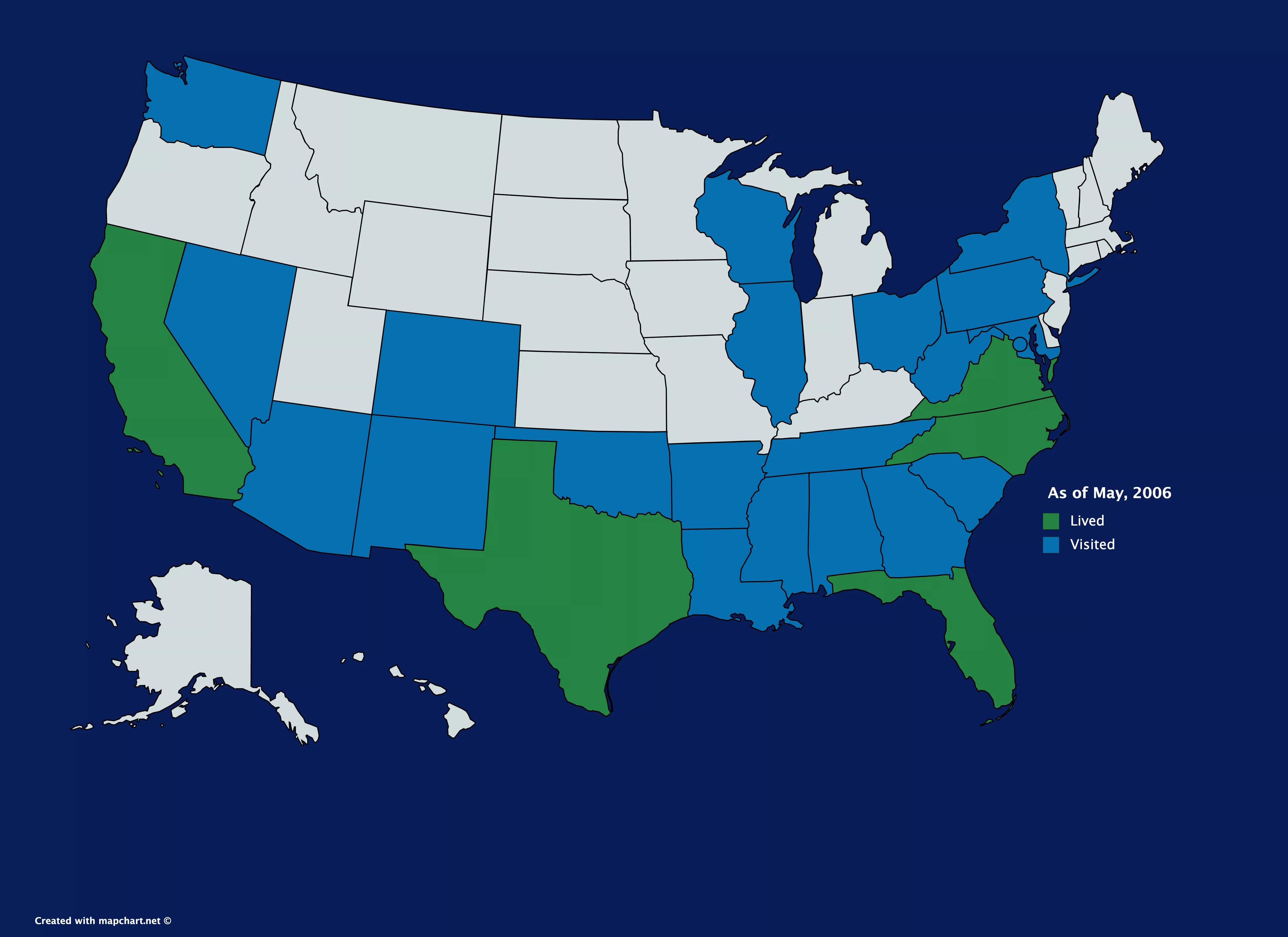 Map of where Nick has been as of May, 2006