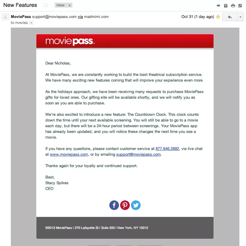 Screenshot of Moviepass Email